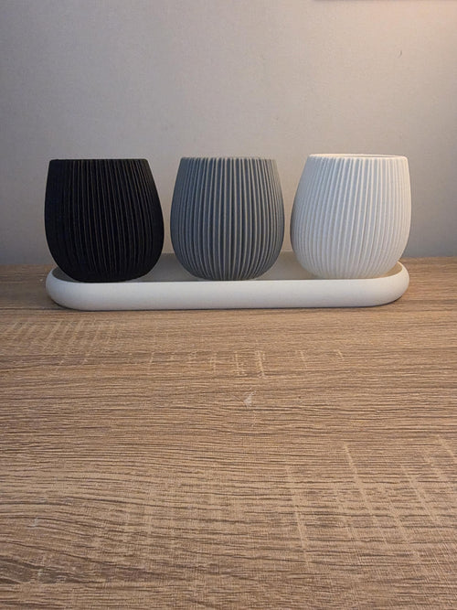 3D Printed Fluted Succulent Planter Trio | Nordic Style PLA Pots with Drainage Tray